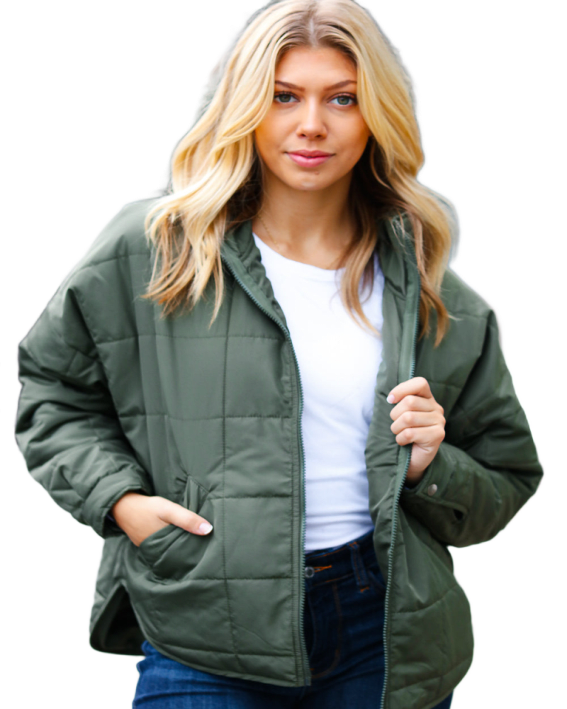 Front of a model wearing a size 3x Eyes On You Olive Quilted Puffer Jacket in Olive by Très Chic. | dia_product_style_image_id:321829